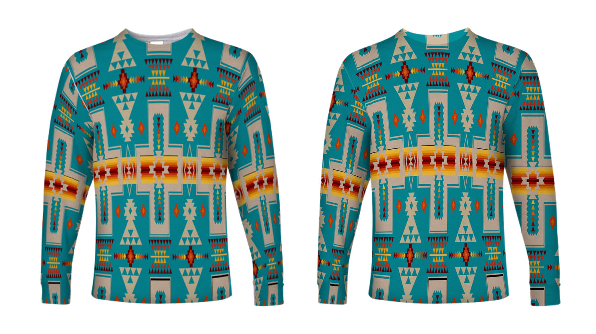 Turquoise long-sleeve shirt with colorful Native American geometric print, crew neck