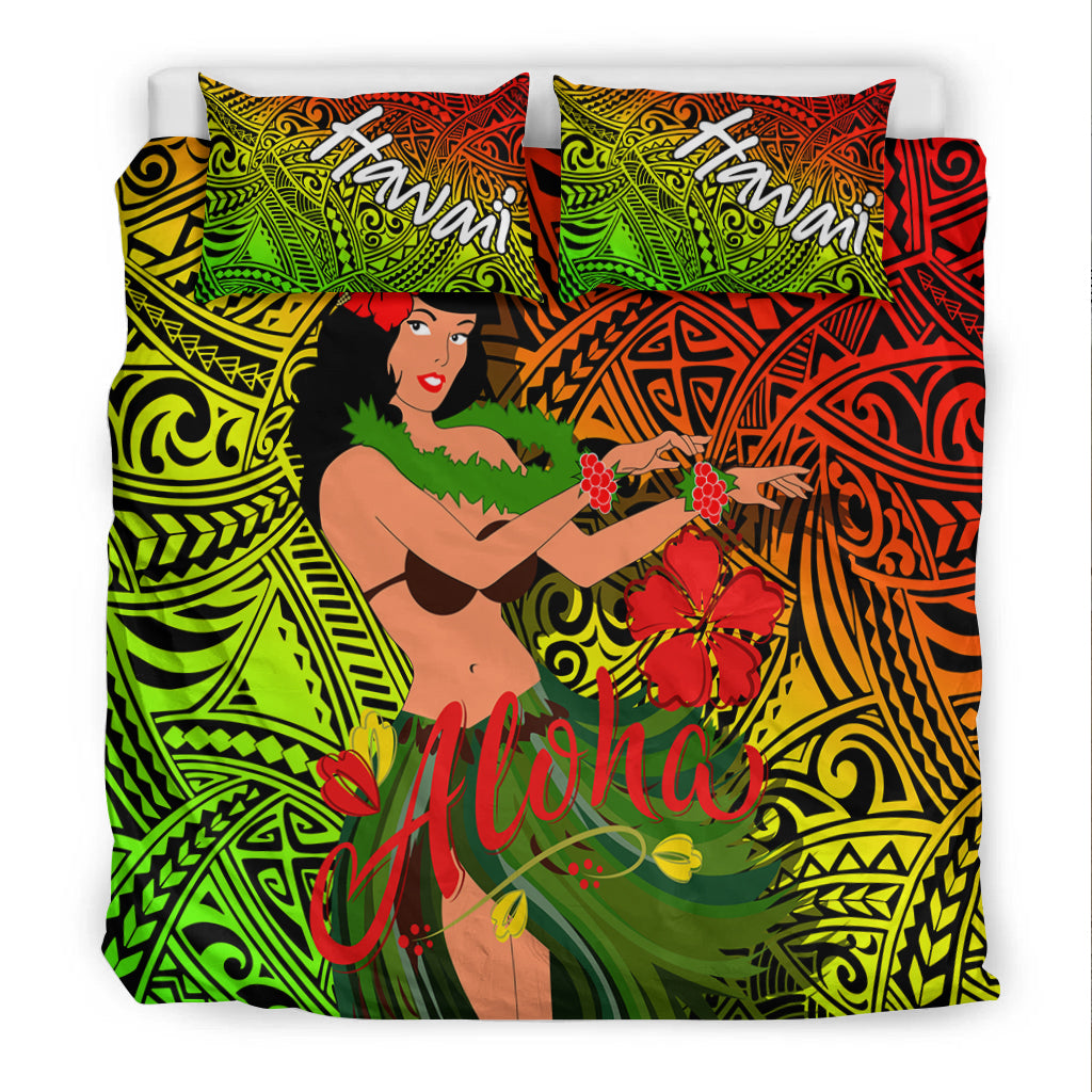 Duvet cover and pillows with hula dancer holding flowers, “Aloha” script, neon tribal print