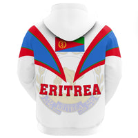 White pullover hoodie back with Eritrea lettering and red-blue-green V stripes