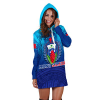 Blue hoodie dress with hood and crest emblem, long sleeves, short tunic length