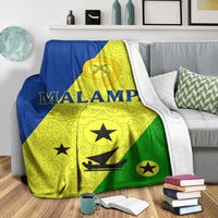 Malampa flag-style blanket with blue edge, lime center, green corner and bold star symbols