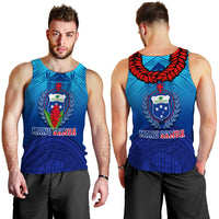 Men's blue Manu Samoa tank top, front and back view with crest and sleeveless fit