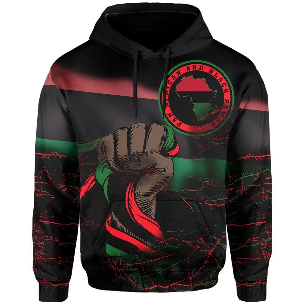 Black pullover hoodie with large African seal logo, raised fist graphic, multicolor stripe across