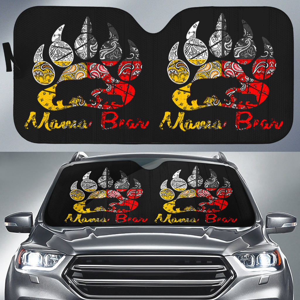 Mama Bear Native American auto sun shade, multicolor bear design on black