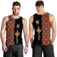 Black tank top, front view: colorful geometric stripe panel with cross and sunburst print