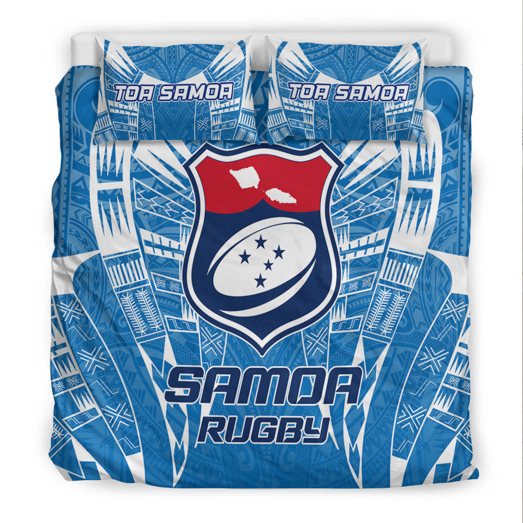 Blue Samoa Rugby bedding set featuring crest shield and red-and-white flag, two pillowcases