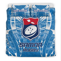 Blue Samoa Rugby bedding set featuring crest shield and red-and-white flag, two pillowcases