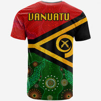 Back view Vanuatu T-shirt with red, black, yellow diagonal stripe and green pattern
