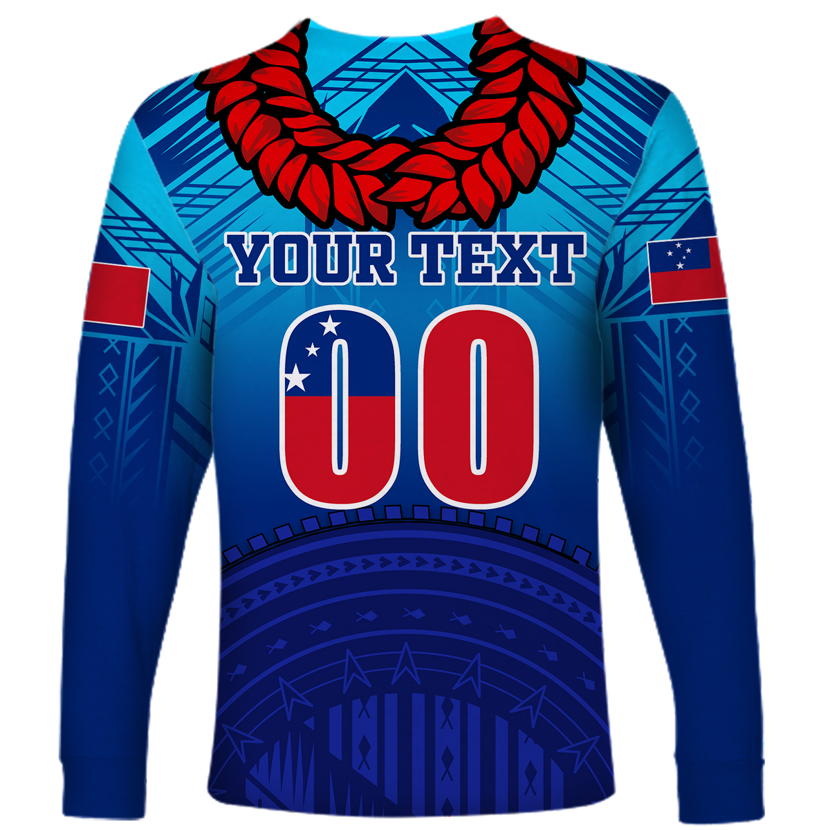 Blue long-sleeve shirt with red laurel collar and large YOUR TEXT print