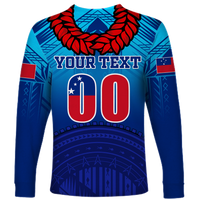 Blue long-sleeve shirt with red laurel collar and large YOUR TEXT print