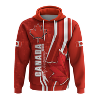 Red pullover hoodie front view with maple leaf emblem and “CANADA” vertical text