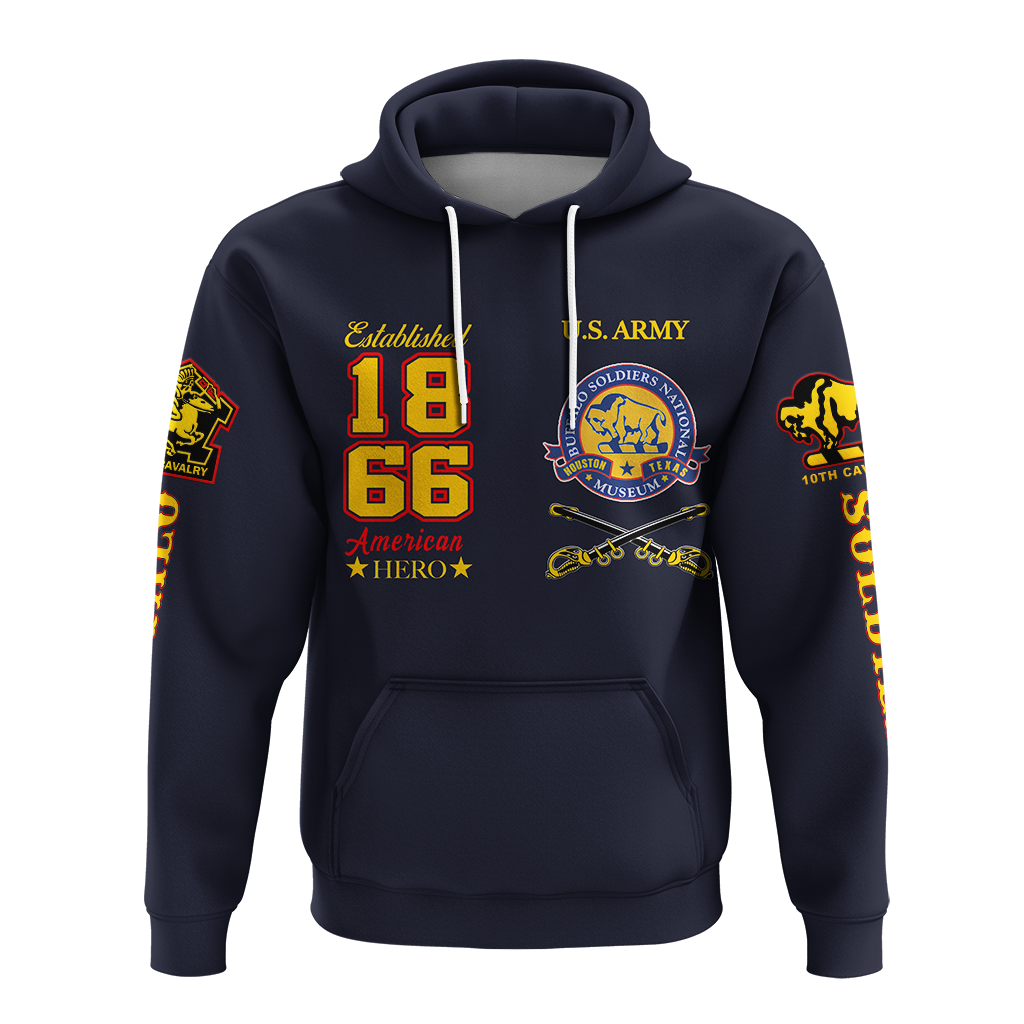 Blue pullover hoodie with hood, white drawstrings, 1866/66 front graphic and logo.
