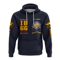Blue pullover hoodie with hood, white drawstrings, 1866/66 front graphic and logo.