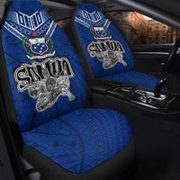 Blue Samoa front seat covers with warrior emblem and custom-patterned cushions