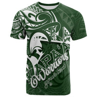 Green Hawaiian tribal graphic T-shirt showing front dolphin design and white script lettering