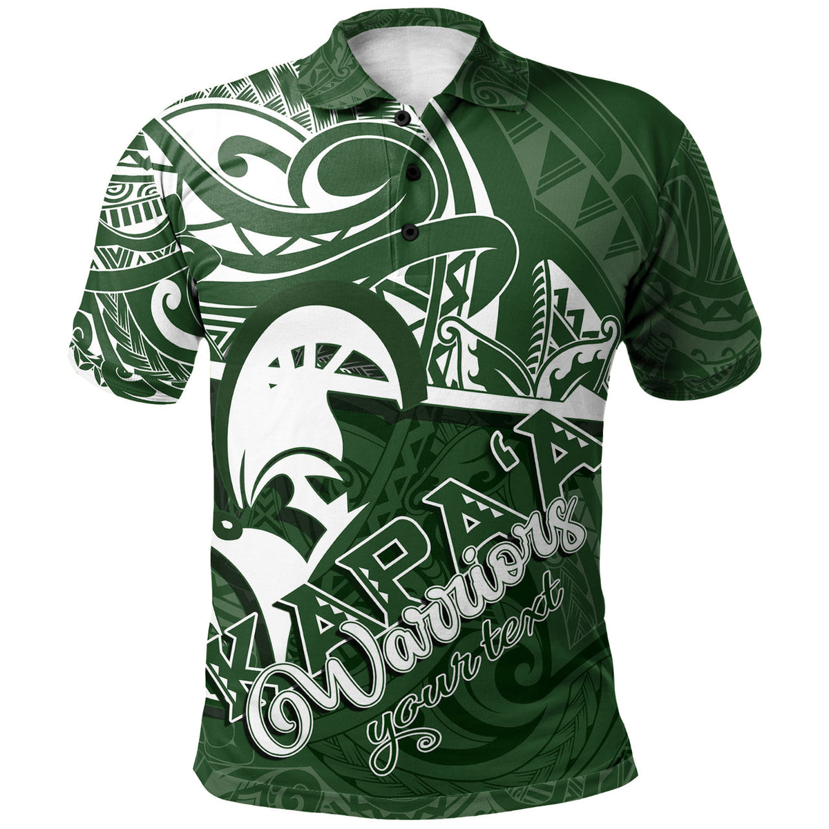 Green polo shirt with Polynesian tribal graphic, white bird and tiki text