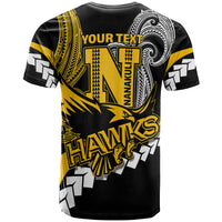 Black T-shirt back with yellow tribal trim and 'YOUR TEXT' top print