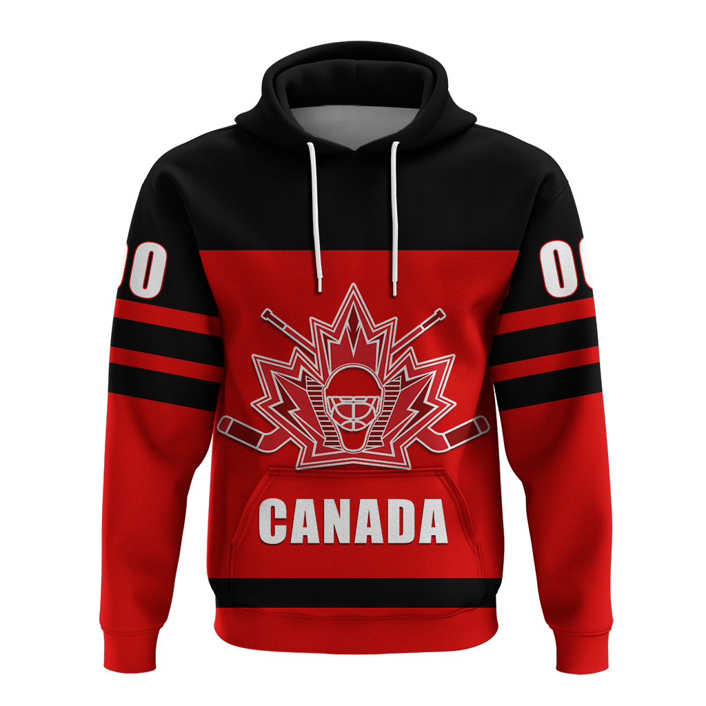 Black and red Canada hockey hoodie with hood and drawstrings, front crest and CANADA.