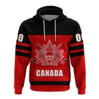 Black and red Canada hockey hoodie with hood and drawstrings, front crest and CANADA.