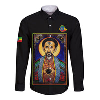 Black unisex long sleeve button shirt with front portrait graphic and small emblem