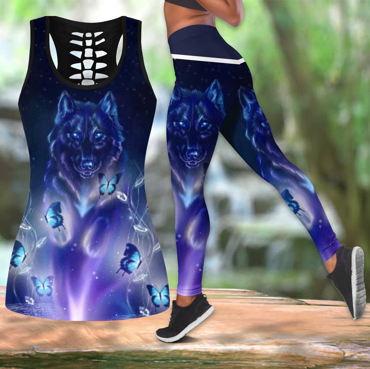 Navy and purple wolf print tank top and full-length leggings set with butterfly accents