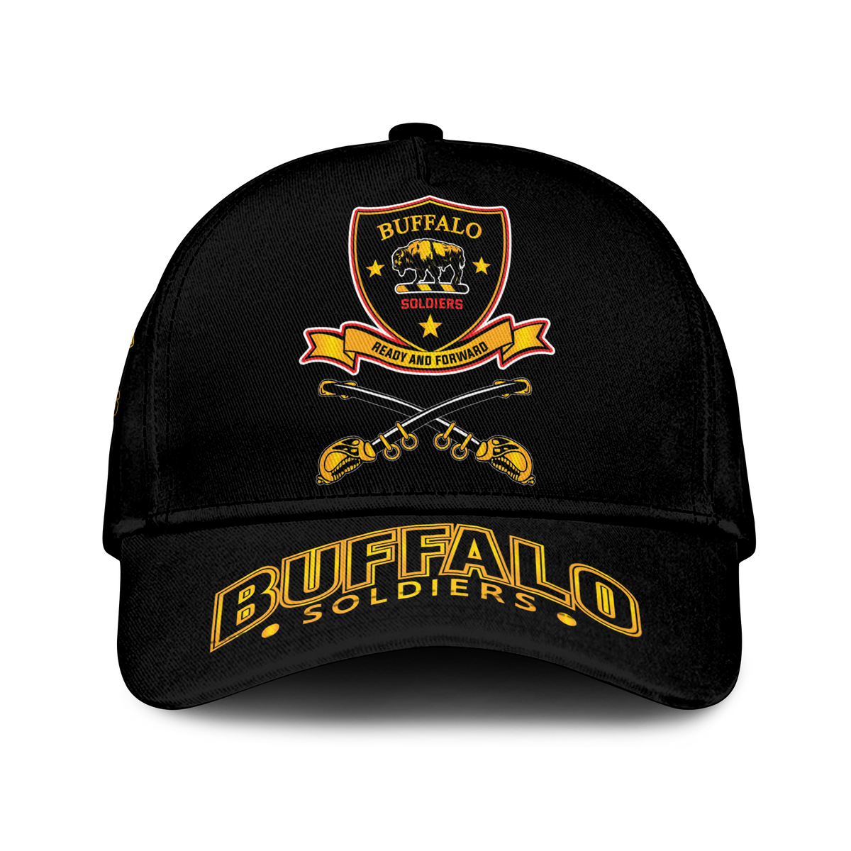 Black baseball cap with colorful Buffalo Soldiers crest and crossed drum design