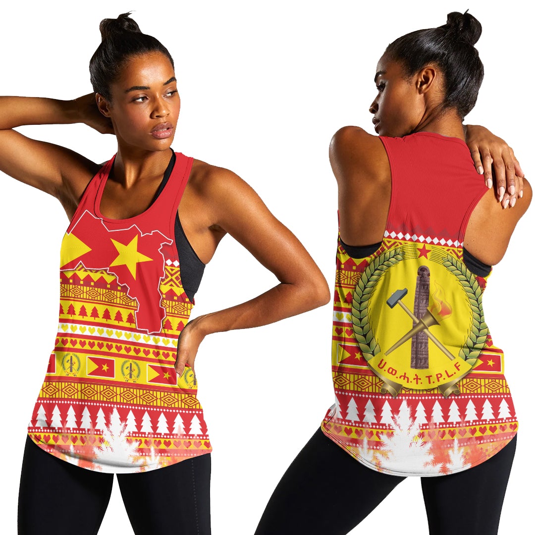 Red women’s racerback tank with bright African Christmas pattern and tree motifs
