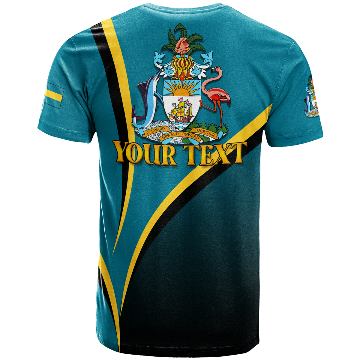 Teal blue t-shirt back with coat of arms and 'YOUR TEXT' gold lettering, yellow/black stripes