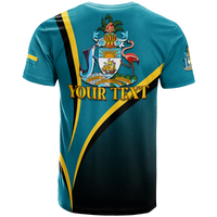Teal blue t-shirt back with coat of arms and 'YOUR TEXT' gold lettering, yellow/black stripes