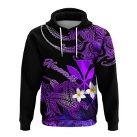 Black pullover hoodie with purple Hawaii graphic, white flowers, kangaroo pocket