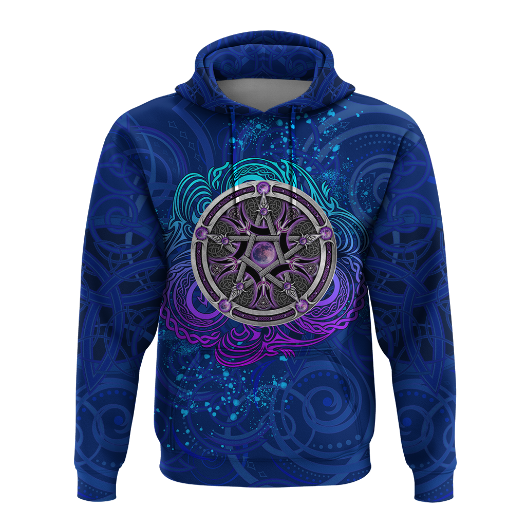 Blue pullover hoodie with hood, central round Celtic pentagram/triskele graphic