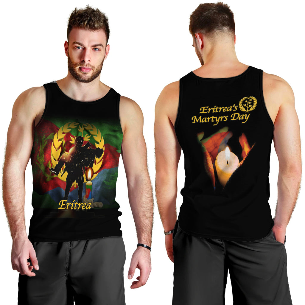Black men’s tank top with Eritrea graphic and torch flame text on the front
