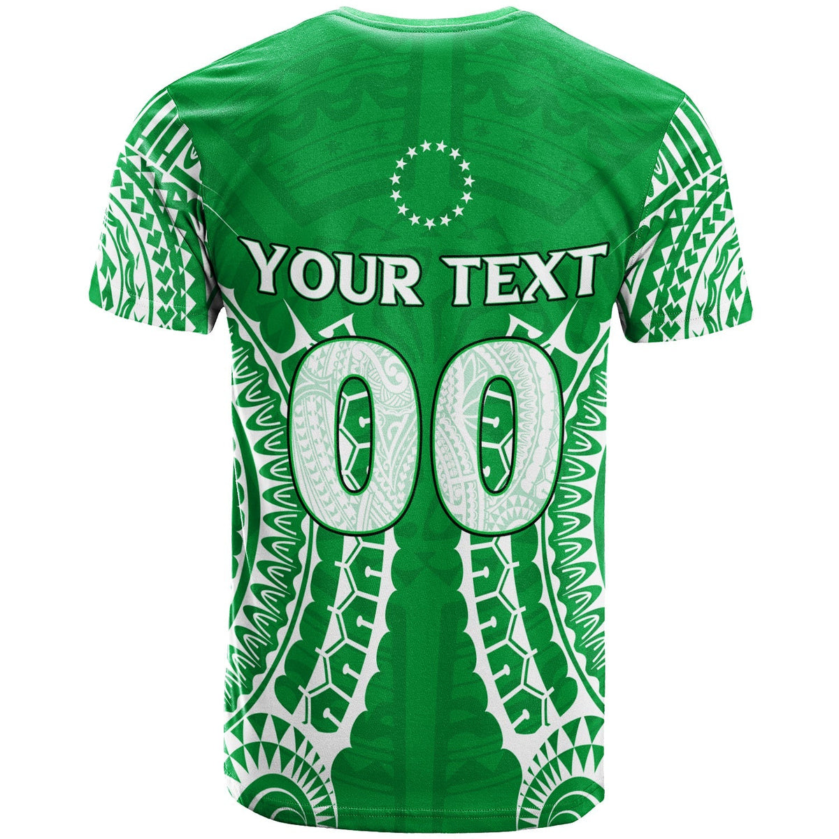 Green T-shirt back with “YOUR TEXT” and large 00 design