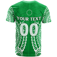 Green T-shirt back with “YOUR TEXT” and large 00 design