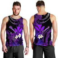 Men's black tank top with purple Hawaiian turtle and plumeria graphic, front and back