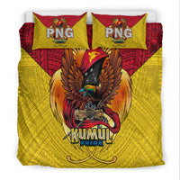 Yellow Kumul Pride duvet with central eagle graphic and two matching PNG logo pillows