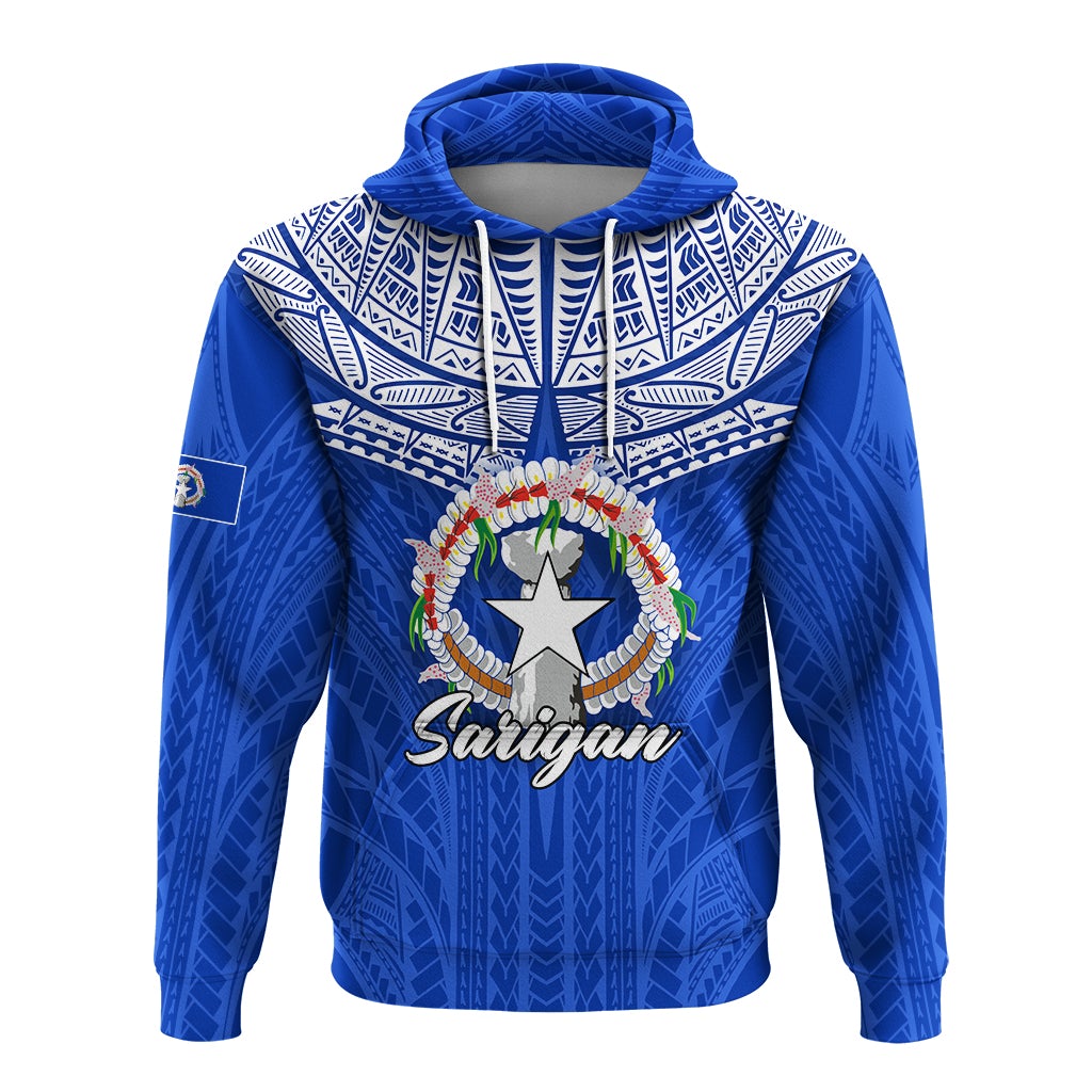 Blue hoodie with hood and front graphic: star in wreath, “Saipan” text