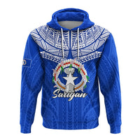 Blue hoodie with hood and front graphic: star in wreath, “Saipan” text