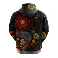 Fiji pullover hoodie, back view with circular dot patterns and palm tree graphic