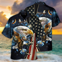 Hawaiian button-up shirt with eagle galaxy print and crescent moon accents