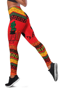 Red African print leggings with Kwanzaa text and colorful patterned bands