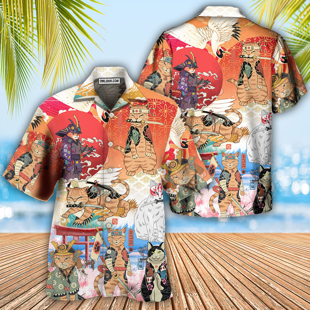 Hawaiian shirt with colorful cat samurai artwork, open collar buttons, short sleeves