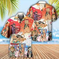 Hawaiian shirt with colorful cat samurai artwork, open collar buttons, short sleeves