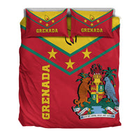 Red bedding set with Grenada logo pillows and central yellow V stripe with stars