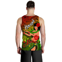 Men's tank top back view with hula dancer graphic and 'Aloha' text, green and orange