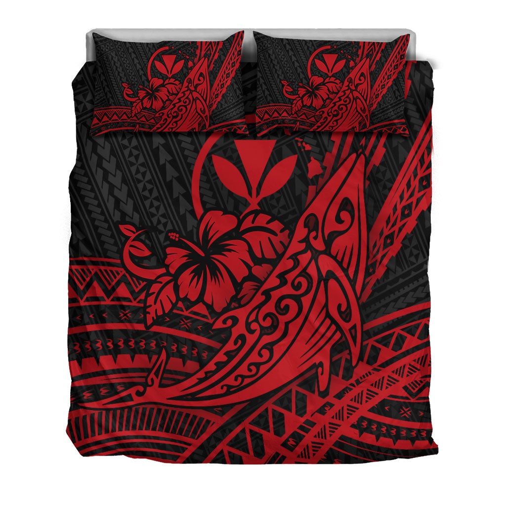 Black & red tribal duvet with humpback whale and hibiscus, plus two pillowcases