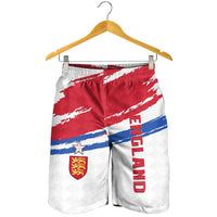 England football shorts on hanger, red/white/blue flag print, elastic waistband