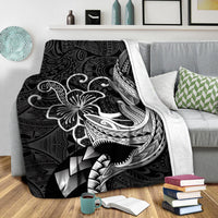 Black Polynesian shark and flower blanket with bold white outline tribal patterns