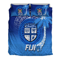 Blue Fiji crest bedding set with tapa tribal motifs and palm tree, 2 pillows