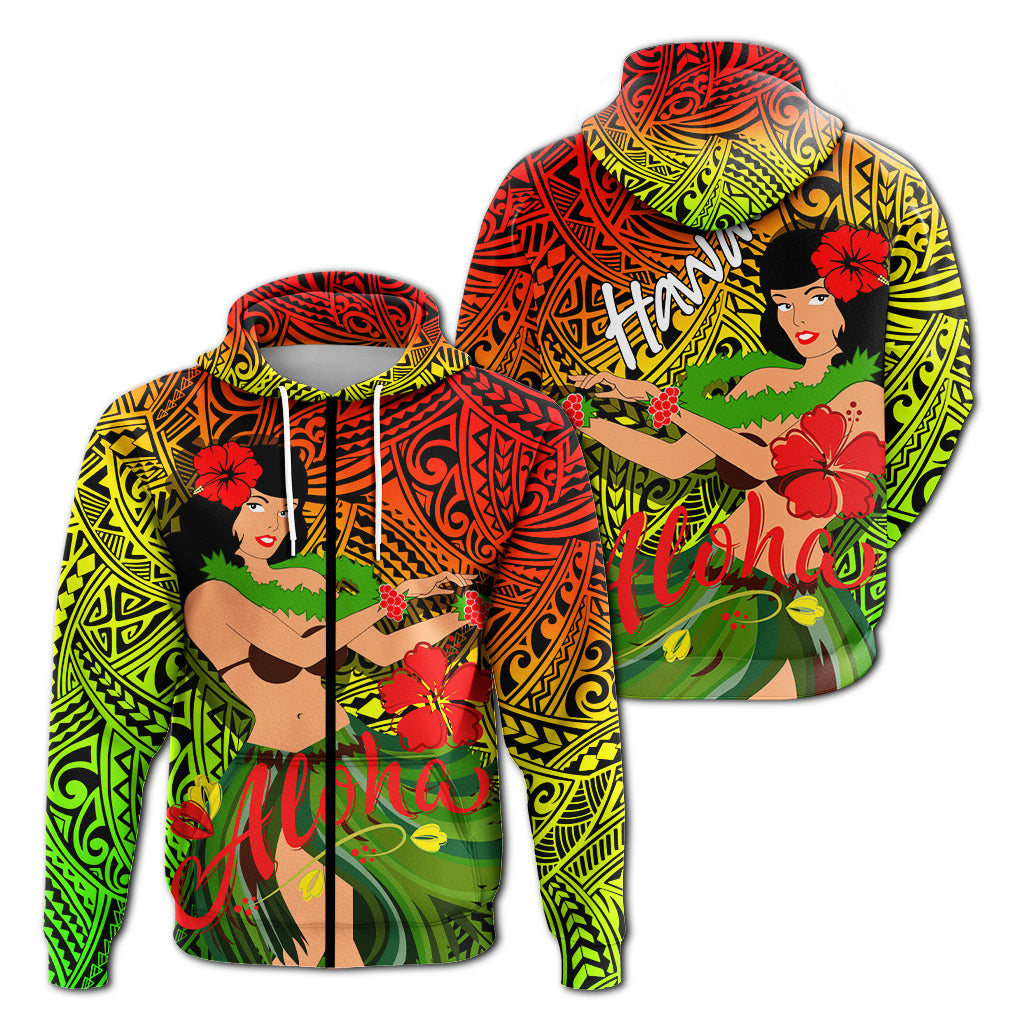 Pullover hoodie with hula girl graphic and Hawaii text, tropical multicolor pattern
